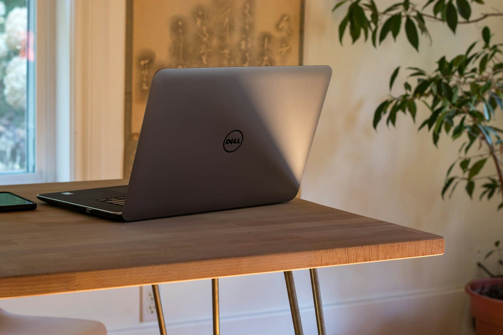 A closed laptop on a wooden table beside a houseplant.