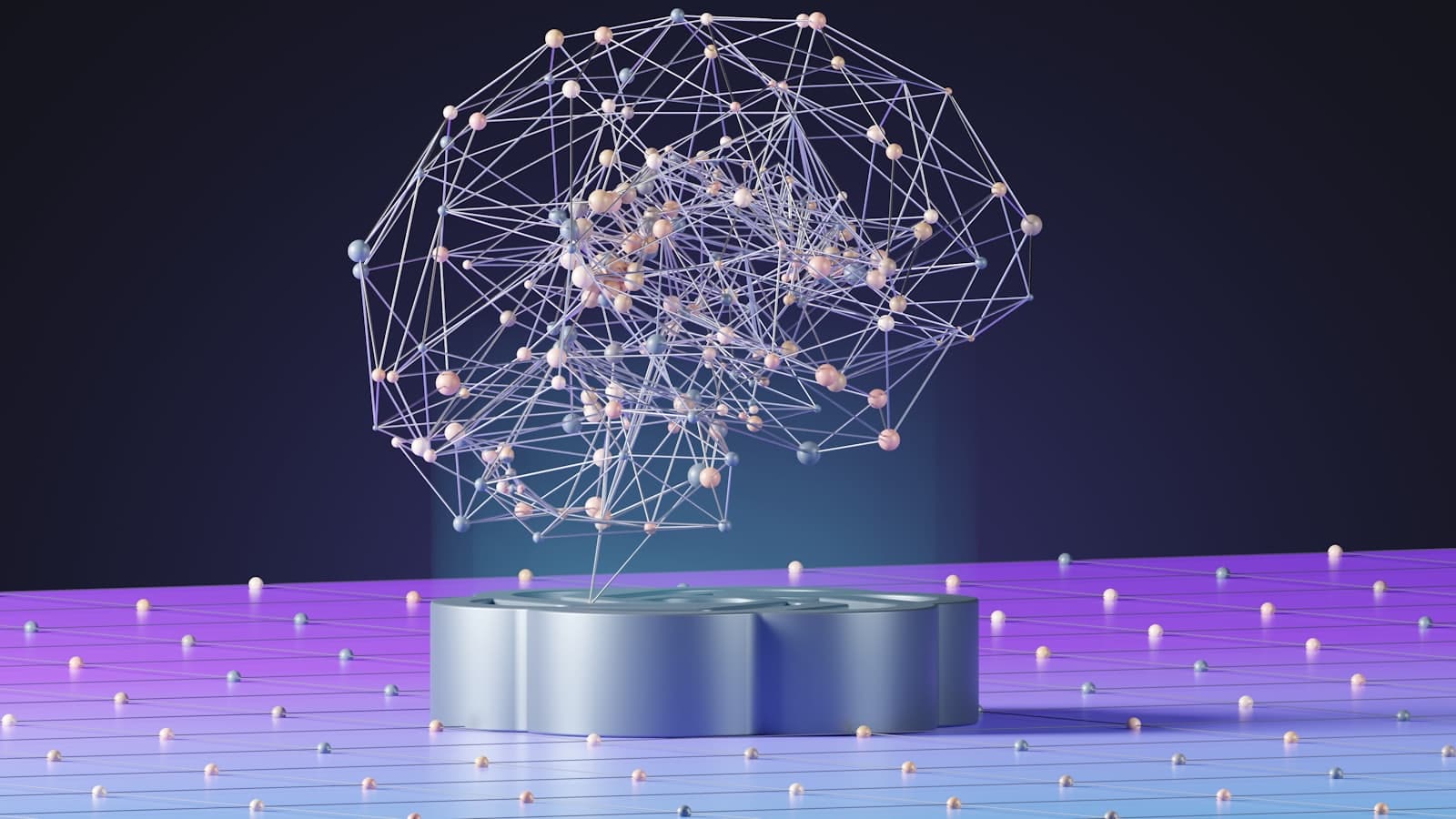 An abstract network of connected points forming a brain shape, lit in purple.