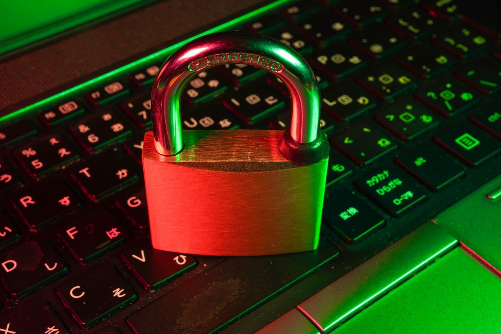 A red padlock sitting on a backlit computer keyboard.